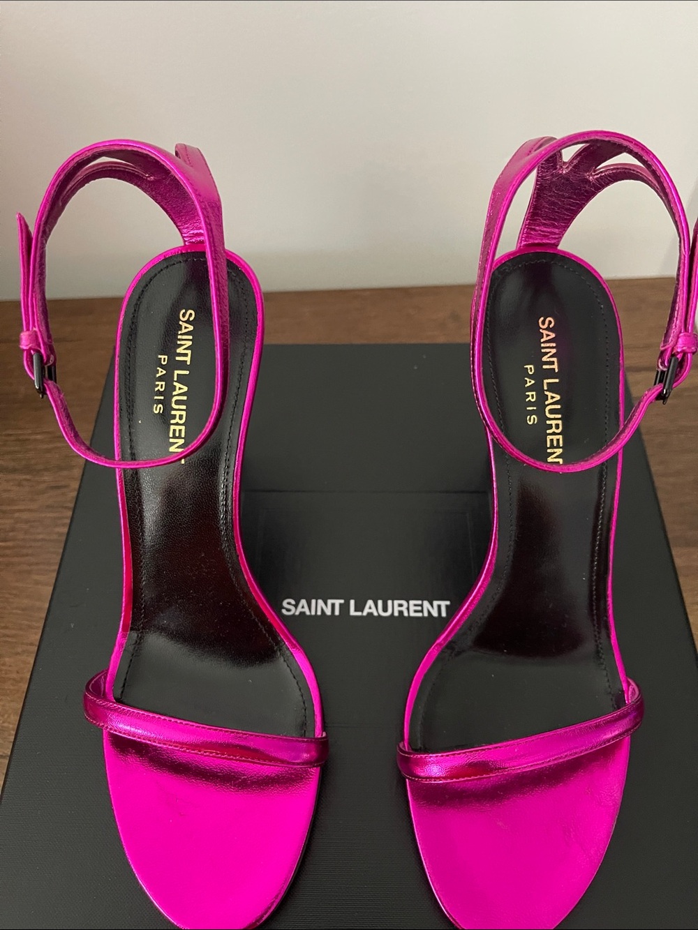Saint Laurent Metallic Fuchsia Open-Toe Stiletto Sandals - Picture 5 of 12